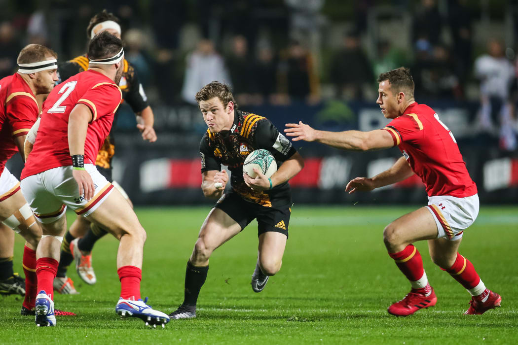 Chiefs halfback Brad Weber lines up the Welsh defense during the rugby union match - Chiefs v Wales played at FMG Stadium Waikato, Hamilton, New Zealand on Tuesday 14 June 2016.