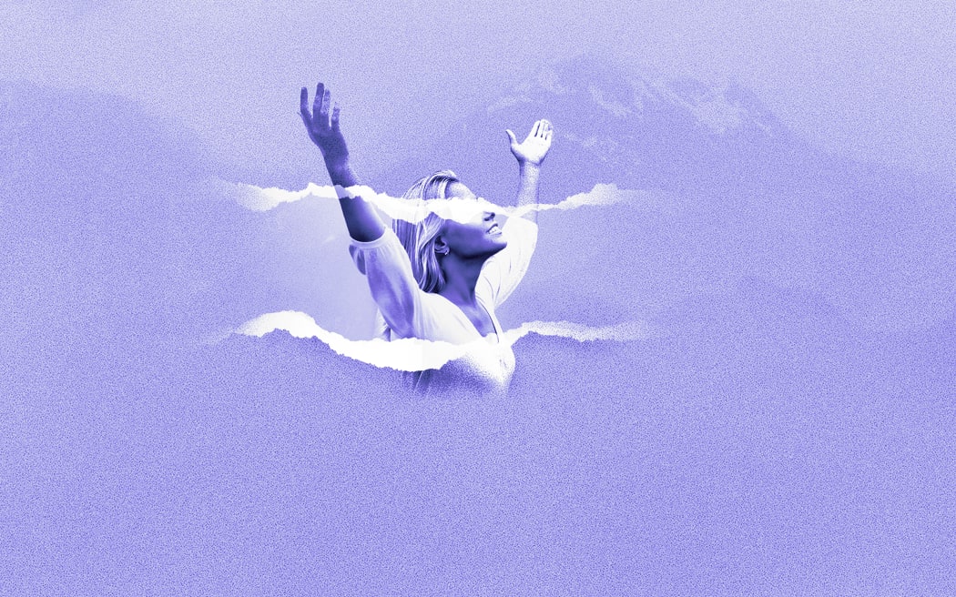 Image of a smiling woman with her hands raised in the air in a "praising" style. Her eyes are covered with a teared page rip across her face and across the image below. There are mountains in the distance behind her. The image is in a purple wash. The RNZ badge is in the bottom left corner.