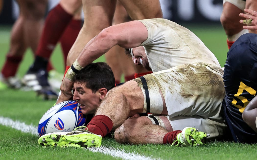 Argentina’s Tomas Cubelli scores their first try in their third-place play-off match against England at the 2023 Rugby World Cup.