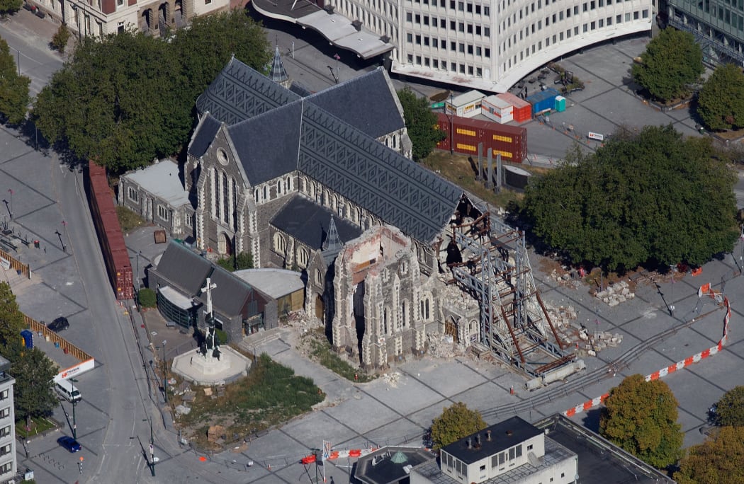 An aerial view of the damaged Christ Church Cathedral.