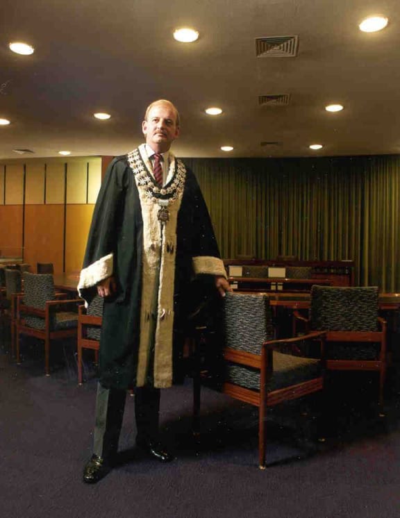 Former New Plymouth mayor David Lean in his mayoral robe.
