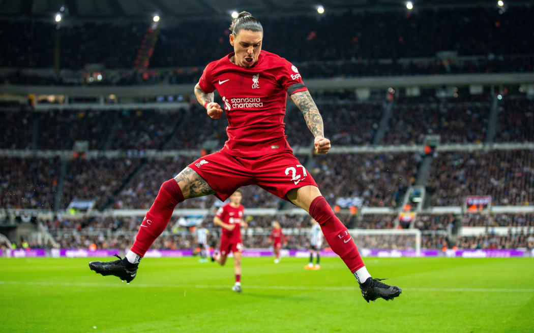 18th February 2023; St James' Park, Newcastle, England: Premier League Football, Newcastle United versus Liverpool;  Darwin Nunez of Liverpool celebrates after making it 1-0 in the 10th minute