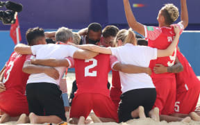 Tahiti celebrate reach the Beach Soccer World Cup quarter finals.