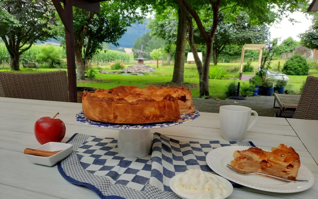 A picnic table outside on a lawn. On it sits an apple pie, a dish of cream, a cup of coffee, and a slice of the pie on a small white plate with a fork.