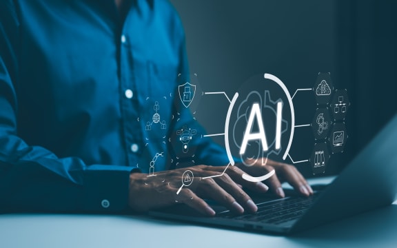 Artificial intelligence technology concept. A technology professional interacts with icons representing different aspects of artificial intelligence on a computer. intelligent tech, AI prompt generate