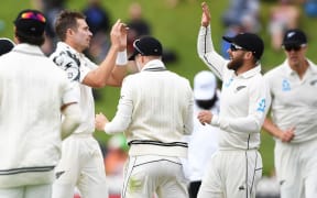 Tim Southee, Tom Blundell and team mates celebrate the wicket of Shaw on Day 1 of the 1st test match, New Zealand Black Caps v India. Basin Reserve, Wellington, New Zealand. Friday 21 February 2020. Â© Copyright Photo: Andrew Cornaga / www.photosport.nz