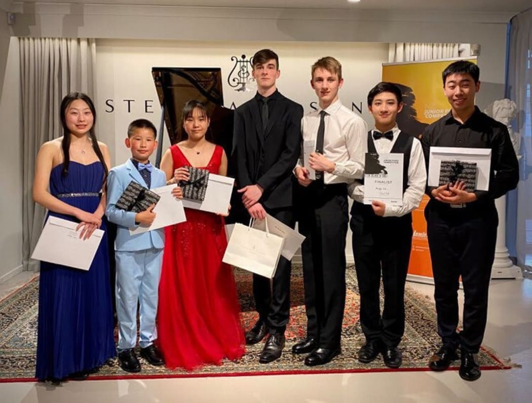Finalists in the NZ Junior Piano Competition 2020. (Left to right): Catherine Chuang, Shan Liu, Shuan Liu, Otis Prestcott-Mason, William Berry, Sunny Le, Henry Meng