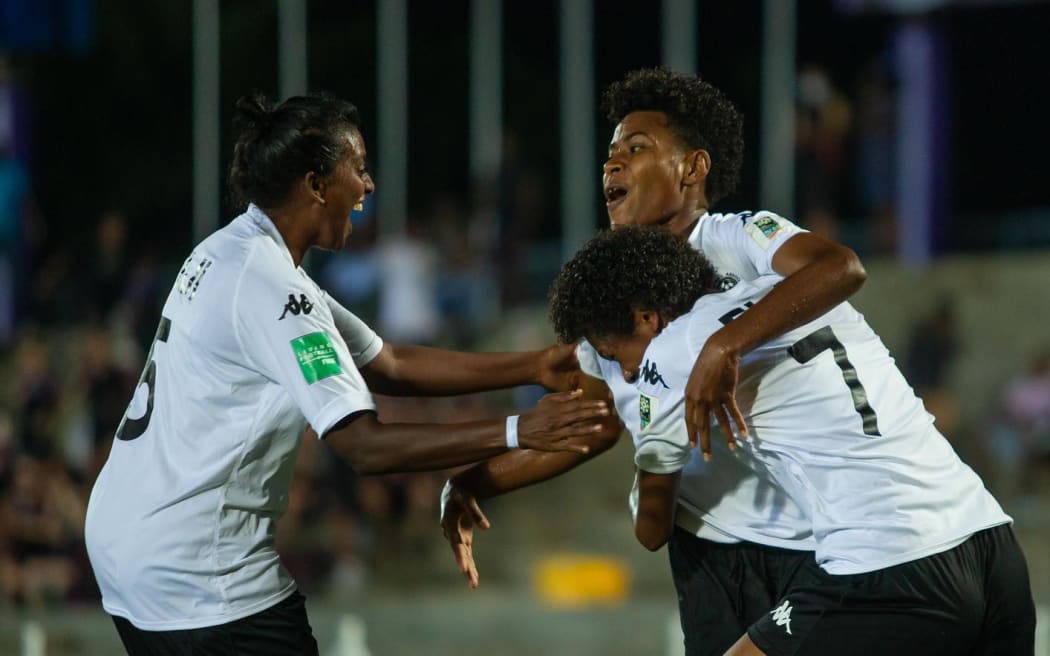 Fiji celebrate a goal against Solomon Islands