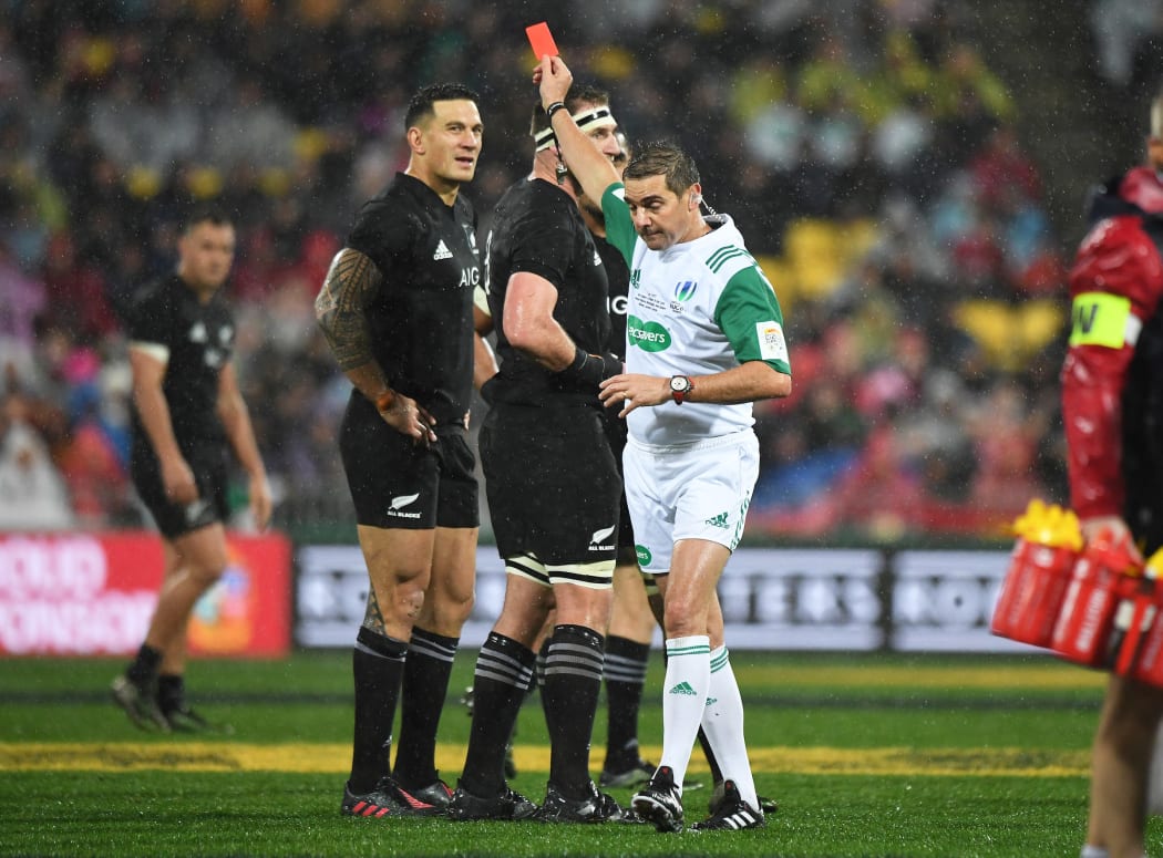 Sonny Bill Williams is red carded by referee Jerome Garces. New Zealand All Blacks v British and Irish Lions. 2nd Rugby union test match. Westpac Stadium, Wellington, New Zealand. Saturday 1 July 2017.