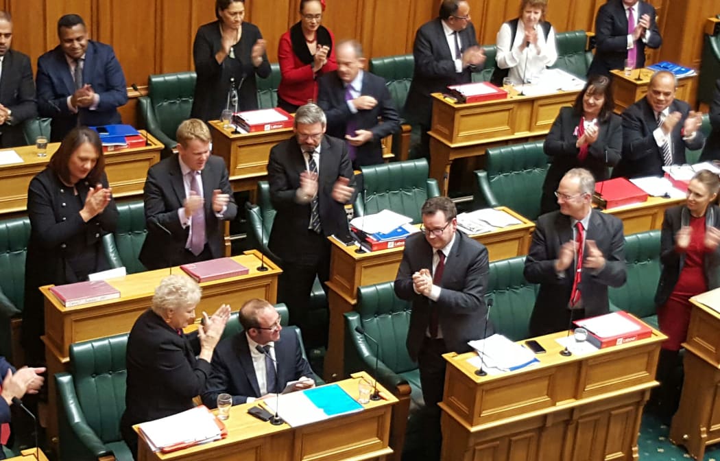 Labour Party leader Andrew Little responds receives a standing ovation after responding to Budget 2016.