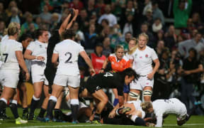 New Zealand's prop Toka Natua scores a try during the Women's Rugby World Cup 2017.