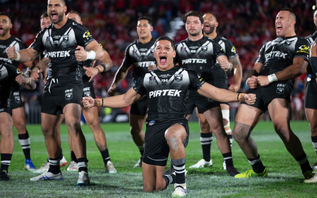 Kiwis captain Dallin Watene-Zelezniak leads the haka, during the rugby league Test match between Kiwis and Tonga in June.