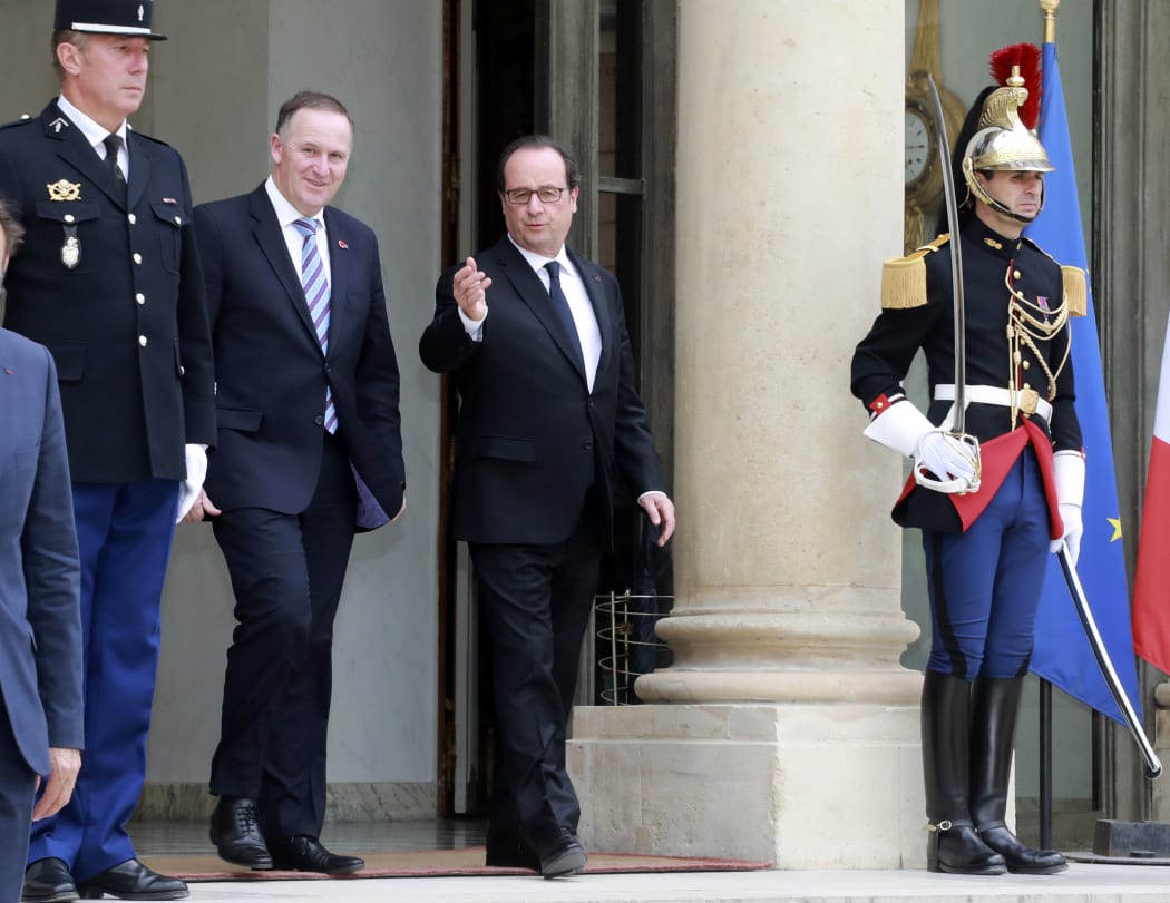 NZ Prime Minster John Key, second left, and French President Francois Hollande after their meeting at the Élysée Palace 14 July 2016.