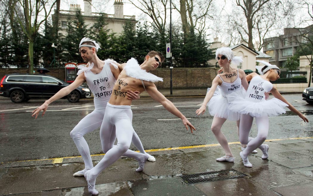 Russian ballet dancers stage a protest for gay rights.
