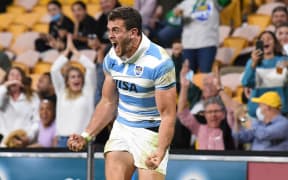 Emiliano Boffelli of the Pumas celebrates scoring a try