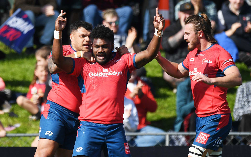 Tasman player Timoci Tavatavanawai celebrates his try during the Bunnings NPC Rugby game Tasman v Wellington. Lansdowne Park, Blenheim, New Zealand. Sunday 15 September 2024. ©Copyright Photo: Chris Symes / www.photosport.nz