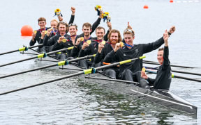 Matt Macdonald (stroke), Shaun Kirkham, Phillip Wilson, Dan Williamson, Michael Brake, Tom Murray, Hamish Bond, Tom Mackintosh (bow) and Sam Bosworth (coxswain) New Zealand Men's Eight, Gold medalists Tokyo Olympics.