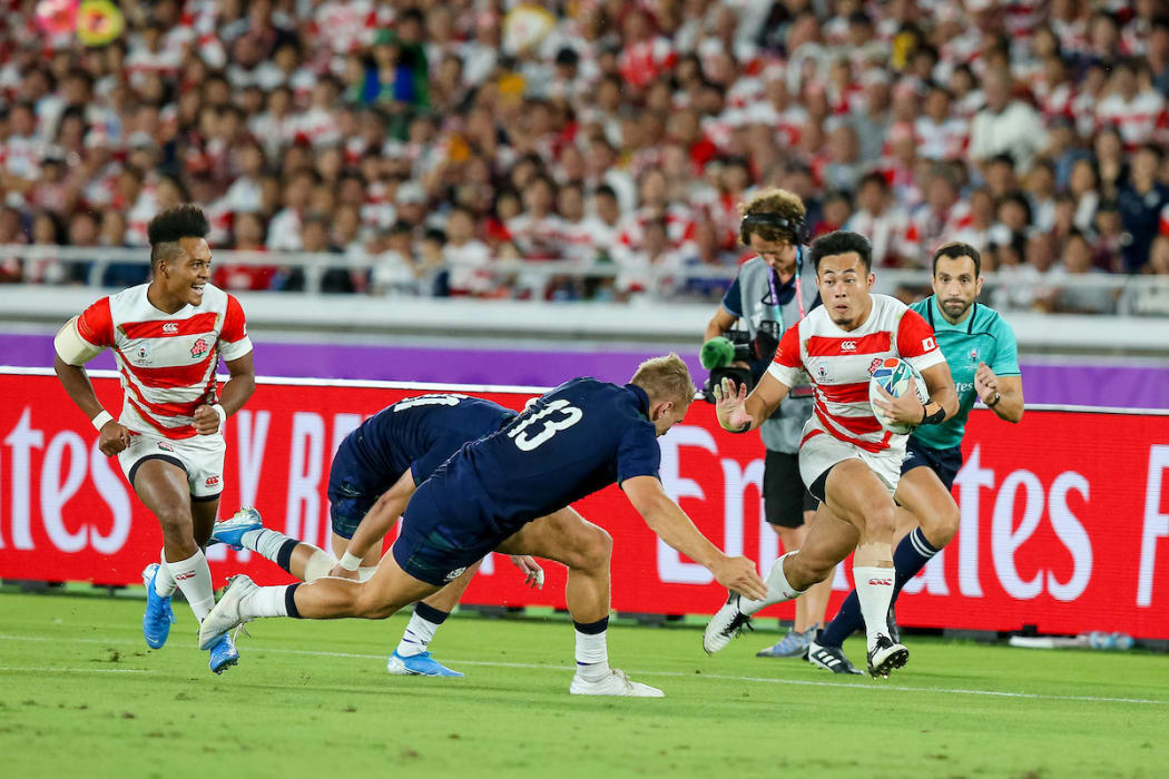 Kenki Fukuoka and Kotaro Matsushima of Japan during the 2019 Rugby World Cup Pool A match between Japan and Scotland at International Stadium Yokohama in Kanagawa, Japan on October 13, 2019.