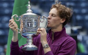 Jannik Sinner of Italy celebrates winning the men's final against Taylor Fritz of USA at the 2024 US Open.