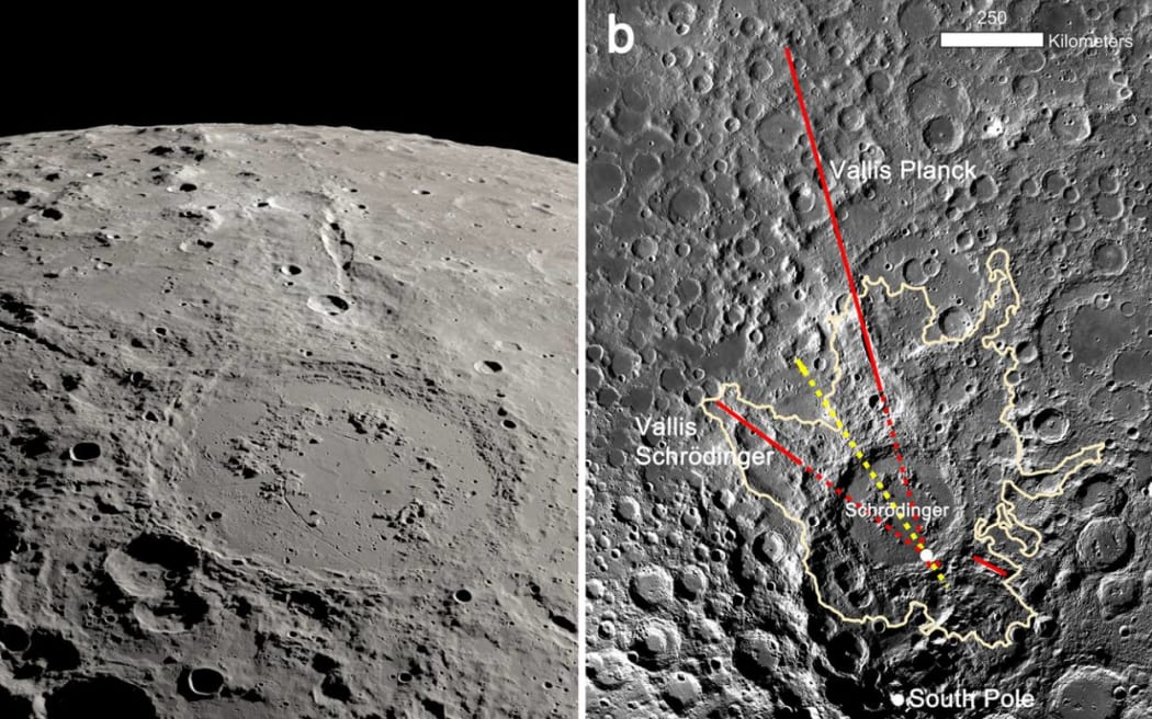 Orbital view of the Schrödinger peak-ring
impact basin and two radiating canyons carved by impact ejecta