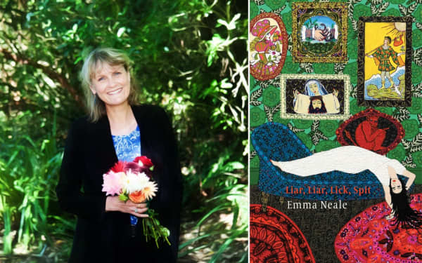 A composite picture of, left, poet Emma Neale holding a colourful bunch of flowers while standing against a backdrop of lush green trees and, right, the cover of her book collection titled 'Liar, Liar, Lick, Spit'.