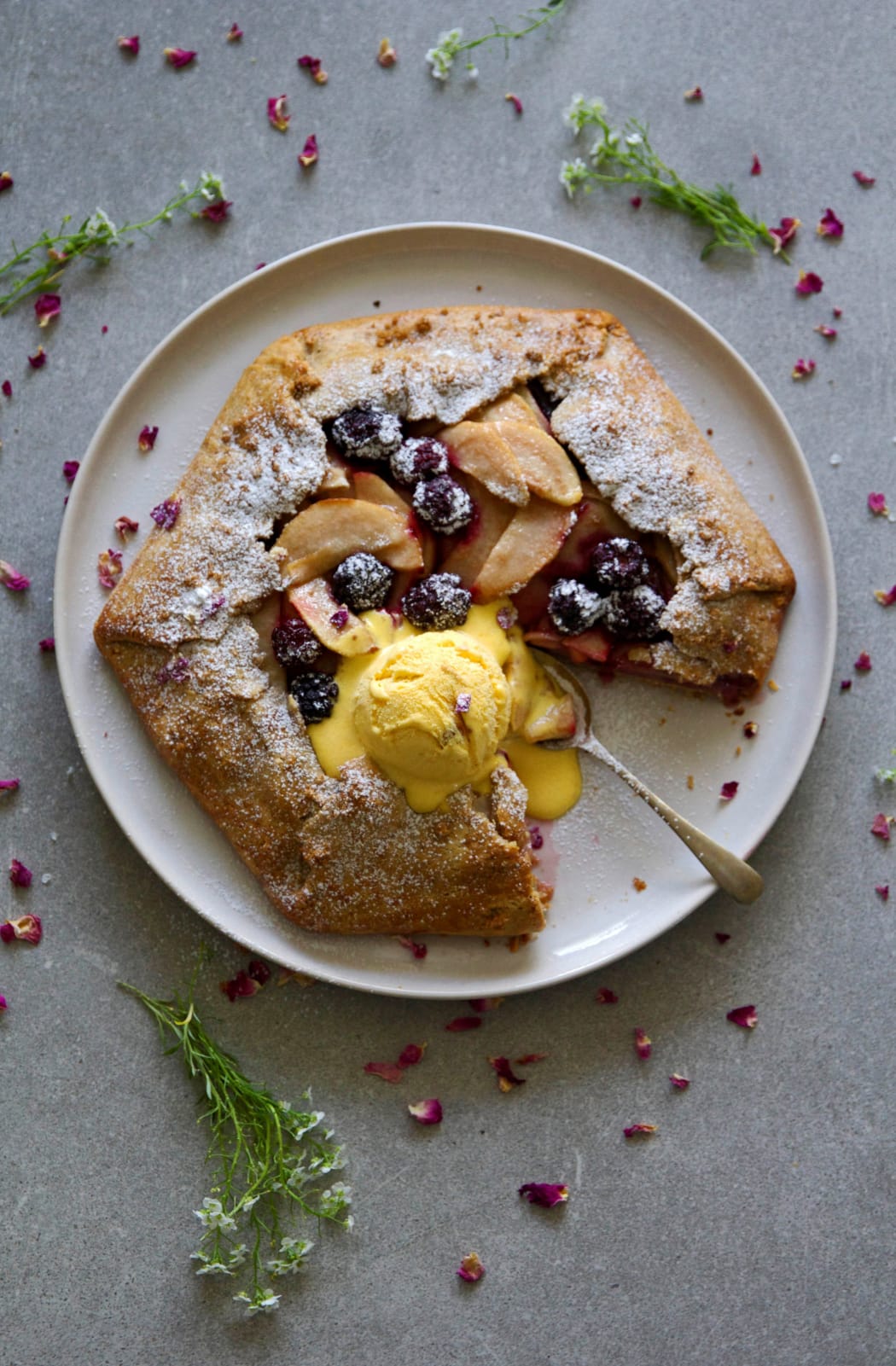 GF pear and blackberry galette w/ walnut pastry