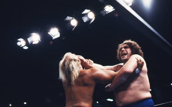 Andre the Giant, Hulk Hogan compete during the New Japan Pro-Wrestling event in Japan.