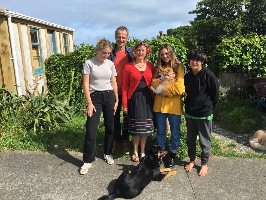 Ngahuia, Rachel, Luka with Charlie (ginger cat) Rosa, Albert and Oscar Wilde Paws (kelpie)