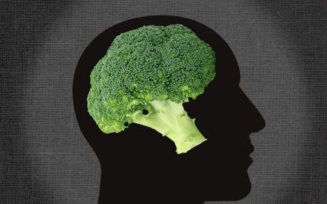 a head of broccoli resembling a brain inside an illustration of a head