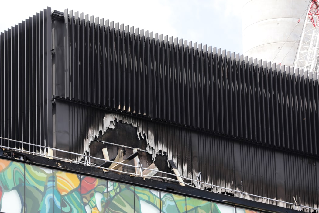 Damage from the SkyCity Convention Centre fire can be seen on the roof.