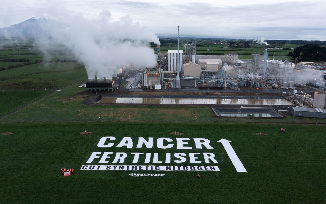 Greenpeace laid out a huge banner next to Ballance's Kāpuni plant in July as it campaigned against synthetic nitrogen fertiliser including urea.