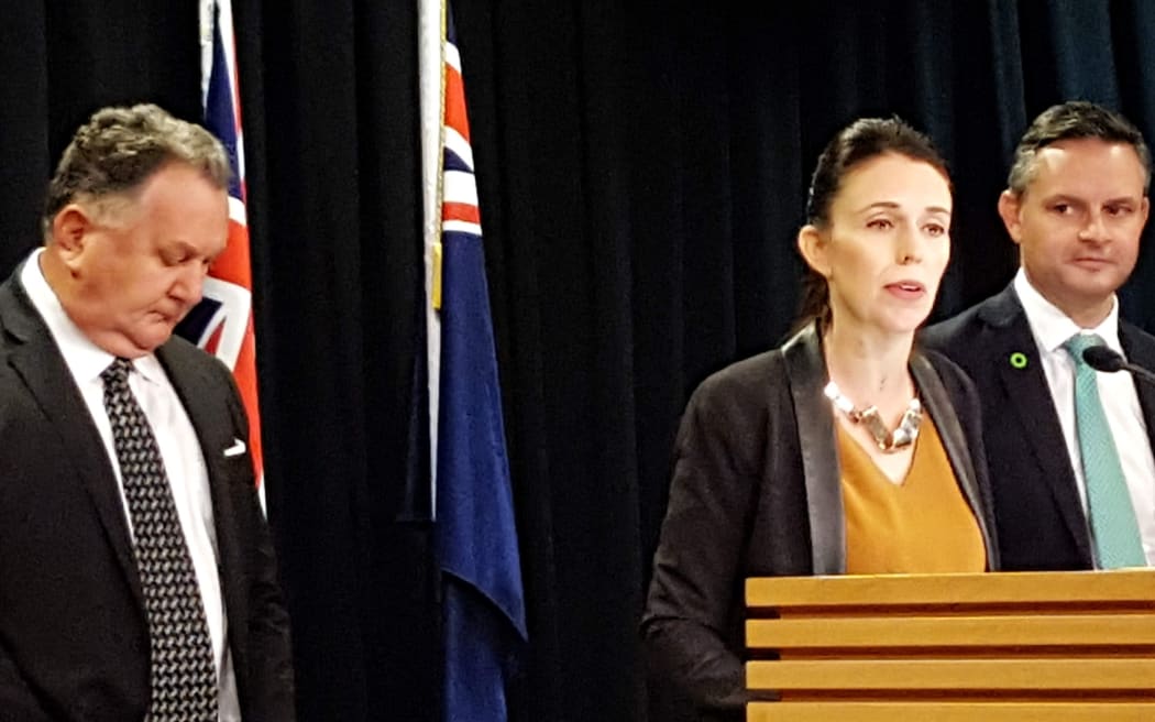 Prime Minster Jacinda Ardern with Regional Development Minister Shane Jones, left, and Green Party co-leader James Shaw.