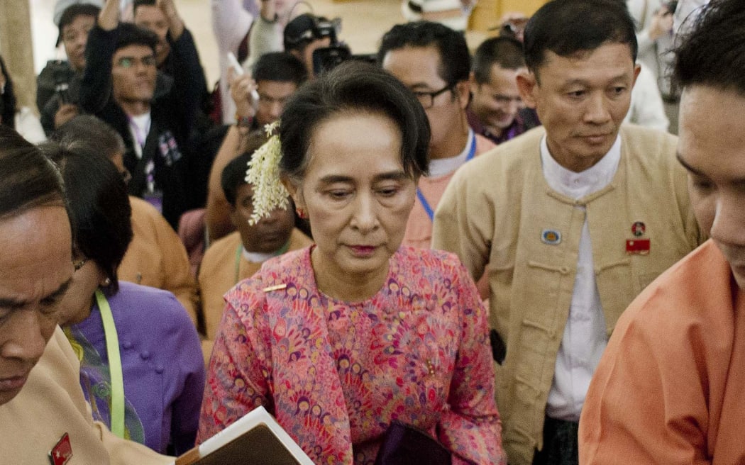 Aung San Suu Kyi arriving for the new lower house parliamentary session in Naypyidaw.