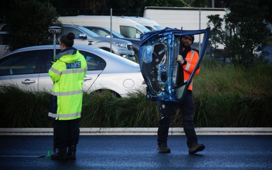 Emergency services at the site of a serious crash near Auckland Airport on 30 July, 2025.