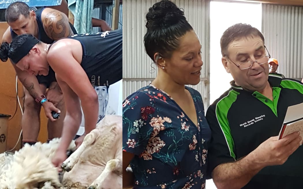 Kerri-Joe Te Huia during the shearing record attempt (right) and Te Huia with Welsh shearing records judge Arwyn Jones and the certificate recognising her record.