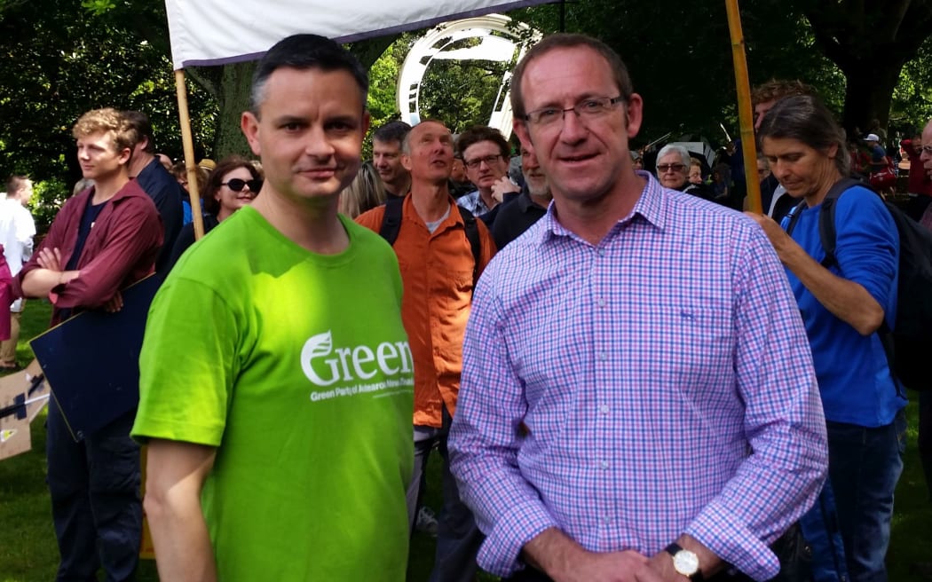 Green Party co-leader James Shaw, left, and Labour leader Andrew Little at a climate march in Auckland.