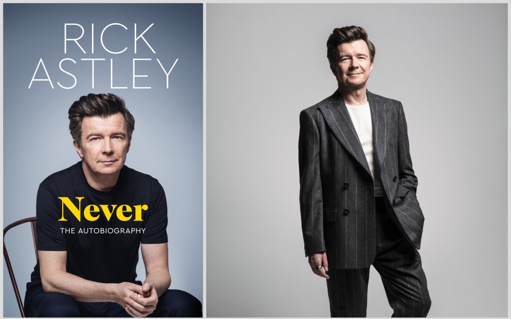 Rick Astley and the cover of his autobiography, Never.