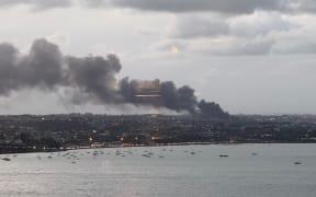 Fire on Auckland's North Shore as seen from the city on 24 April 2025.