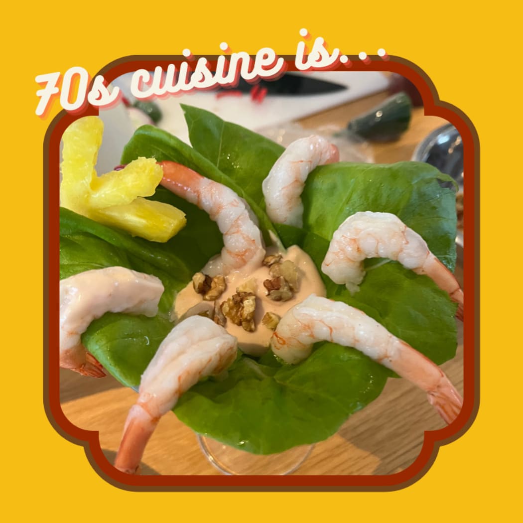 A close up of a classic 70s style entree, the prawn cocktail! It has a yellow and red border and the caption ''70s cuisine is ...''