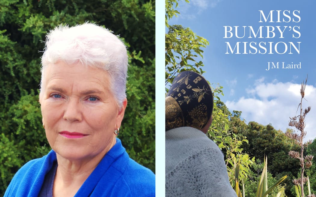 A composite image showing JM Laird on the left and the cover of the book 'Miss Bumby's Mission' on the right. JM Laird looks levelly at the camera, wearing a blue cardigan. The book cover shows a woman in a bonnet regarding a swathe of New Zealand native bush.
