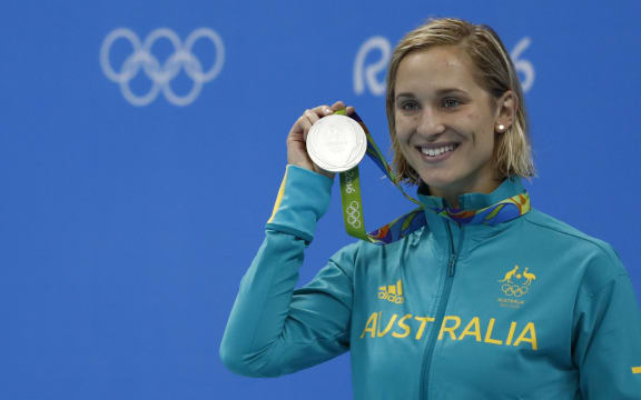 Australia's Madeline Groves poses with her silver medal on the podium of the Women's 200m Butterfly Final during the swimming event at the Rio 2016 Olympic Games at the Olympic Aquatics Stadium in Rio de Janeiro on August 10, 2016.
