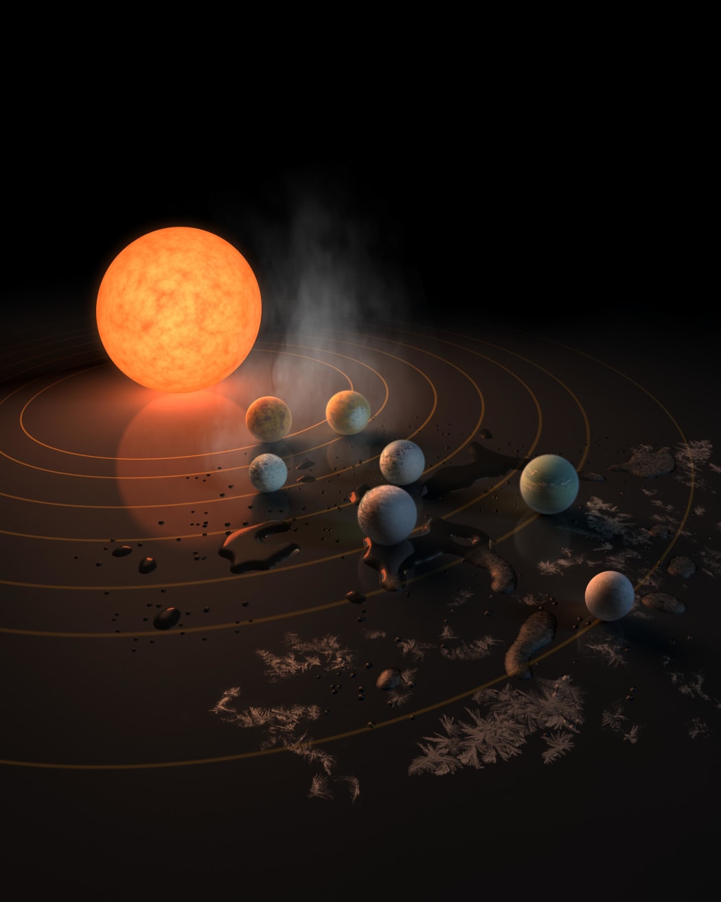 Seven Earth-sized planets have been discovered orbiting a nearby star known as TRAPPIST-1. At least three may be in the habitable zone.