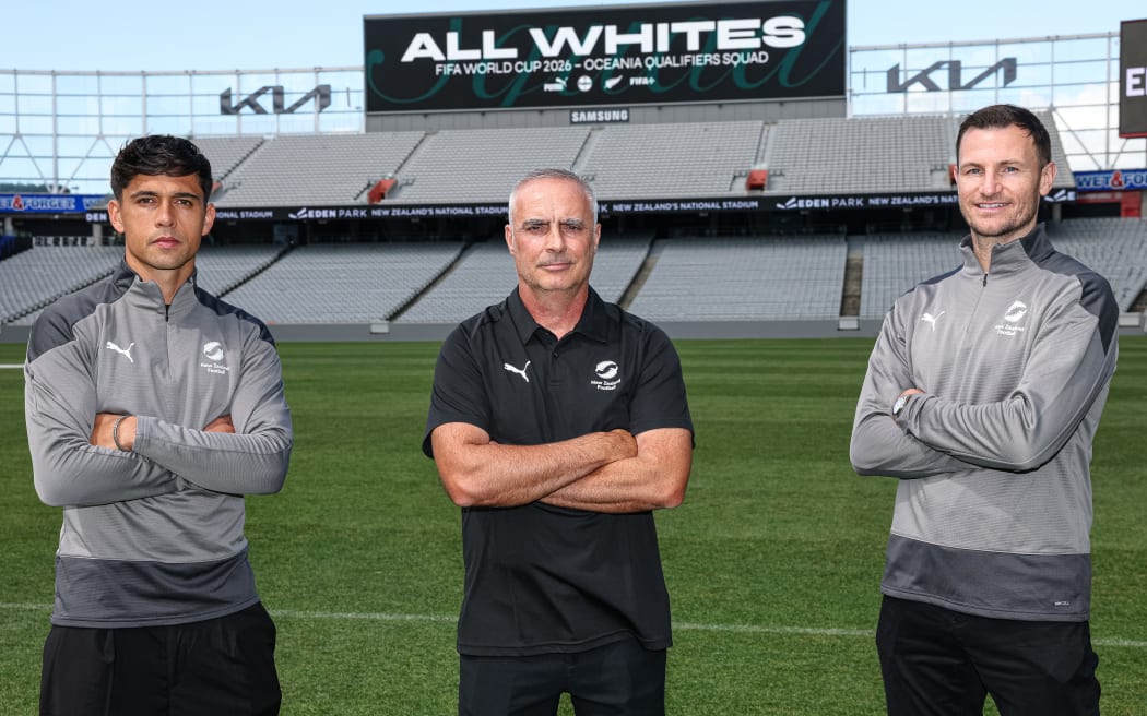 All Whites players Logan Rogerson and Tommy Smith and head coach Darren Bazeley.