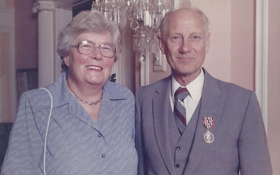 Mrs Joan Sherley and Haydn Sherley after receiving the Queen's Service Medal, for services to broadcasting in the 1989 Queen's Birthday Honours.