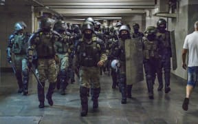 Militarized police patrols the underground of Minsk, Belarus, on August 11, 2020 preventing protests or riots after the claimed fraudulent presidential elections in Belarus.