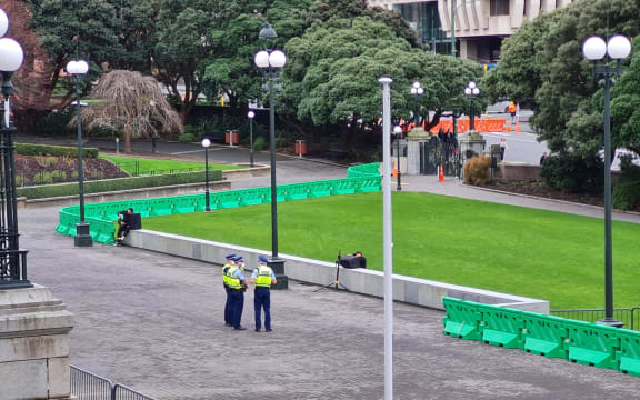 Police officers on Parliament's forecourt ahead of a planned protest on 23 August 2022.