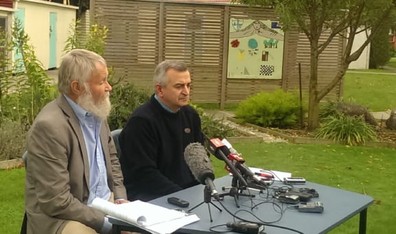 Nigel Hampton and Alec Cvetanov at a news conference in Christchurch on Sunday.