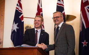 New Zealand Prime Minister Chris Hipkins shakes hands with his Australian counterpart Australian Anthony Albanese.