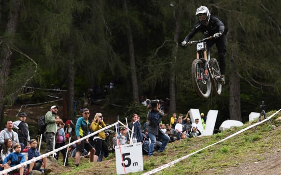 New Zealand rider Finn Hawkesby-Browne in action in the elite men's downhill at the UCI 2021 Mountain Bike World Championships, Val di Sole, Trentino, Italy