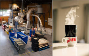 Coffee Supreme's roastery and a steaming hot cup of coffee.